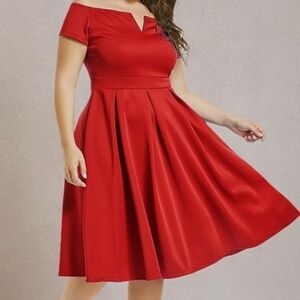 Red Off the Shoulder Fit and Flare Midi Dress
